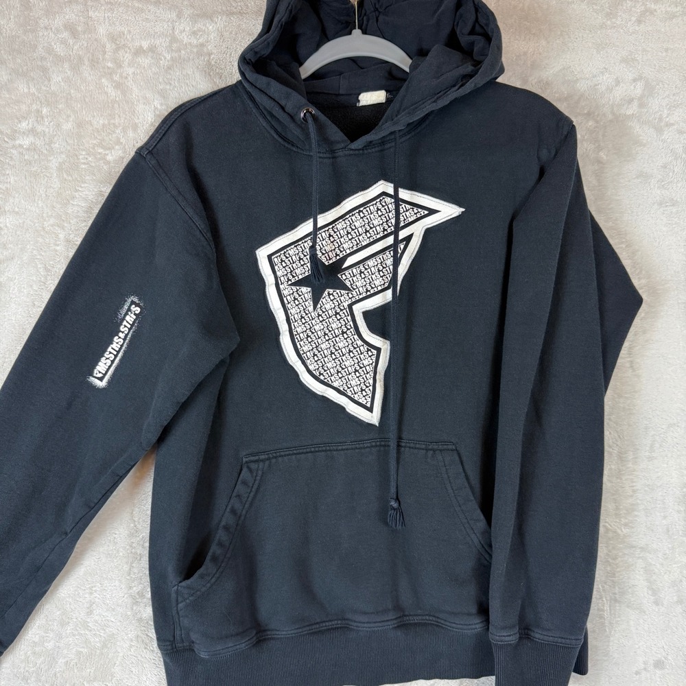 Y2K Famous Stars and Stripes Black Graphic Pullover Hoodie Men Small Logo F Star